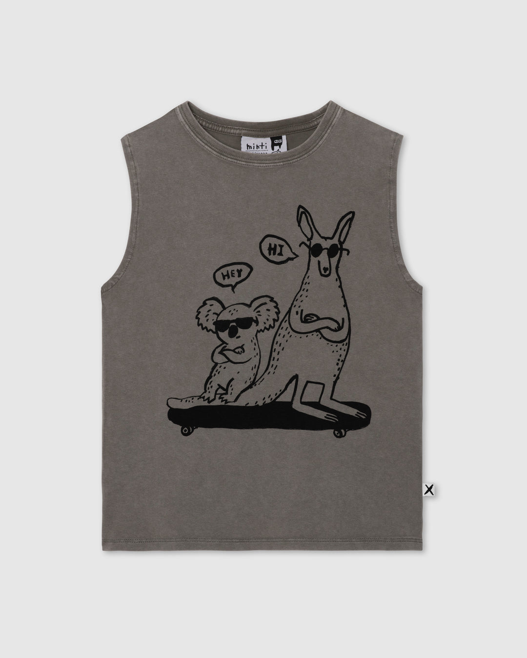 Chill Mates Sleeveless Tee in grey wash, boys singlet by Minti, flat lay