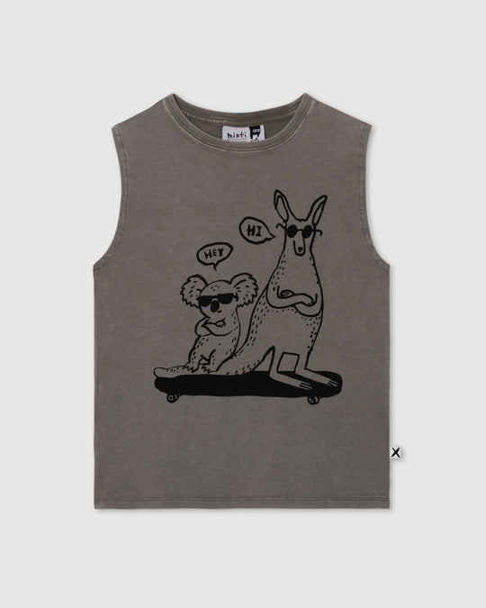 Chill Mates Sleeveless Tee in grey wash, boys singlet by Minti, flat lay