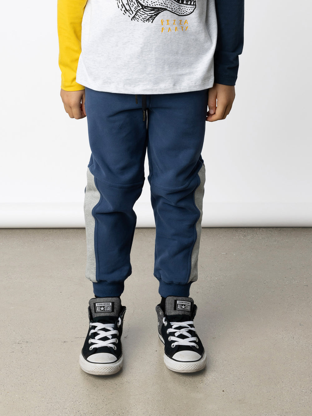 Minti kids clothing. Straight leg trackies with contrast side panels, front pockets, elastic waistband and shoelace ties. 330 Gram // Brushed Inside // 95% Cotton // 5% Elastane.
