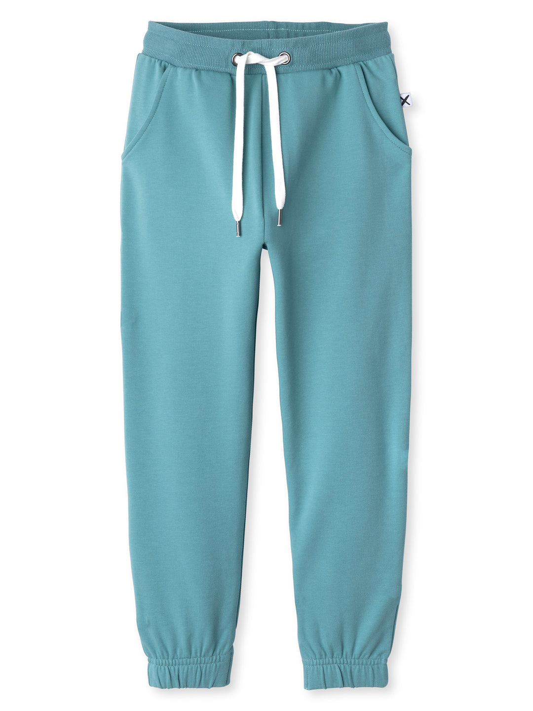 Minti kids clothing. Wider leg trackies with front pockets, shoelace cord, 2x2 rib elasticated waistband and gathered cuffs. Small Minti embroidery on the back. 320 Gram // 95% Cotton // 5% Elastane.