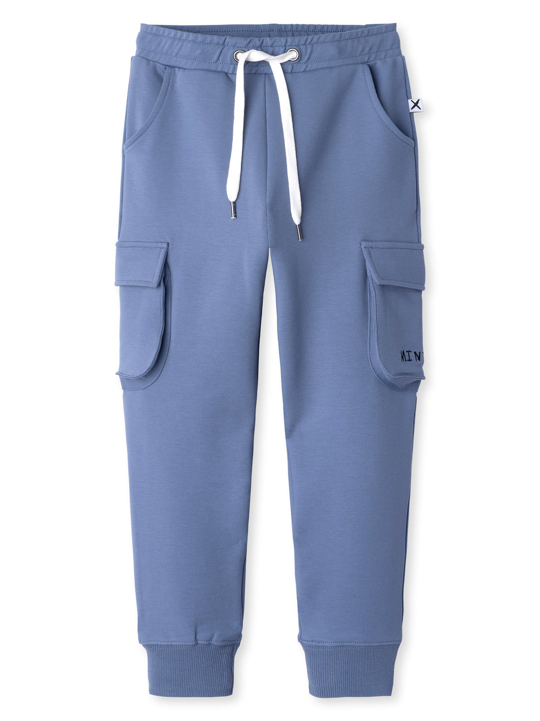 Minti kids clothing. Tapered leg trackies with awesome cargo style pockets, front pockets, shoelace cord and 2x2 rib waistband and cuffs. 320 Gram // 95% Cotton // 5% Elastane.