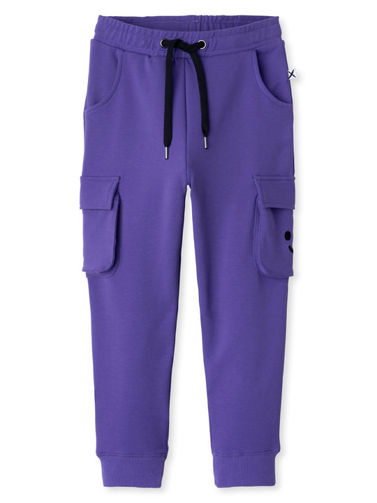 Minti kids clothing. Tapered leg trackies with awesome cargo style pockets, front pockets, shoelace cord and 2x2 rib waistband and cuffs. 320 Gram // 95% Cotton // 5% Elastane.