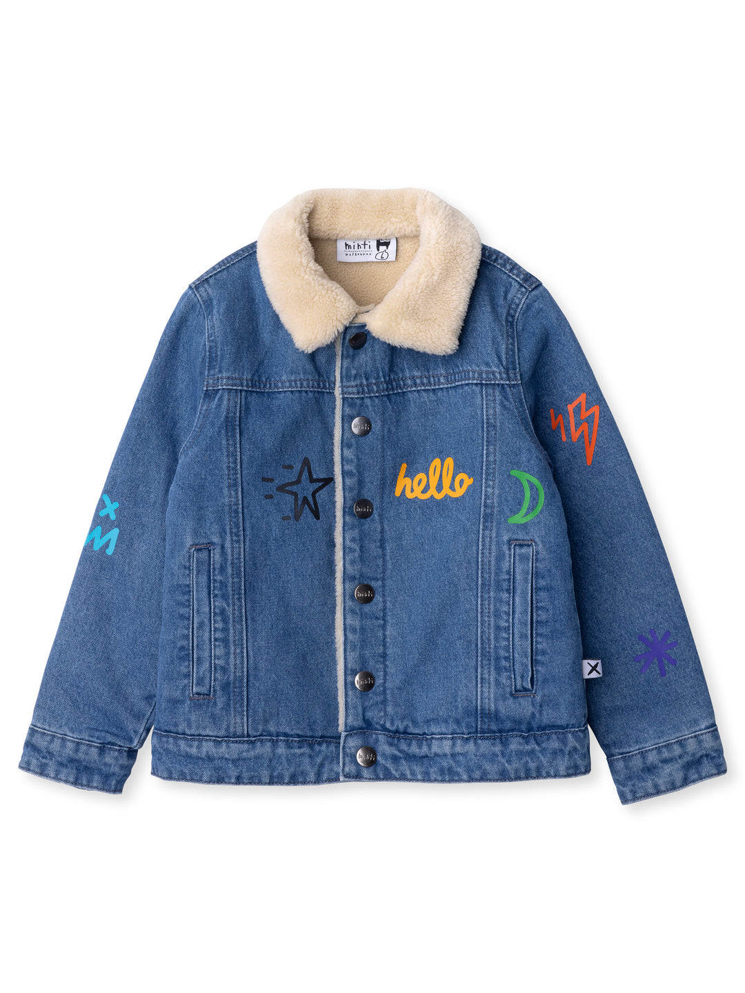 Minti kids clothing. Denim jacket with teddy lined body and collar. Minti snap domes and front pockets. Super cool heat transfer emblems all over the jacket. 100% Cotton // Lining: Polyester