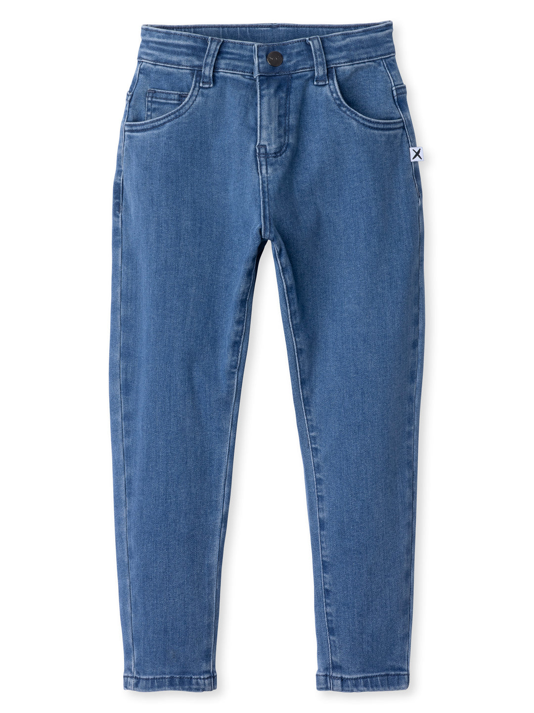 Minti kids clothing. Super cool straight leg denim jeans with front pockets and back pockets. Adjustables in the waistband for sizing. Small embroidery on the back. Super comfy stretch denim. Cotton // Polyester // Elastane.