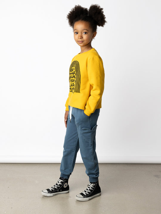 Minti kids clothing. Boxy crew with 2x2 rib neck and cuffs. 330 Gram // Brushed Inside // 95% Cotton // 5% Elastane.