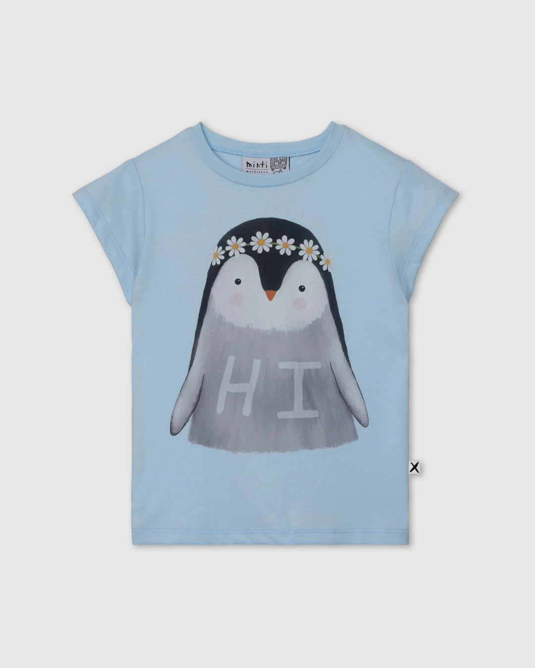 Flower Penguin Tee in light blue, girls t shirt by Minti, flat lay