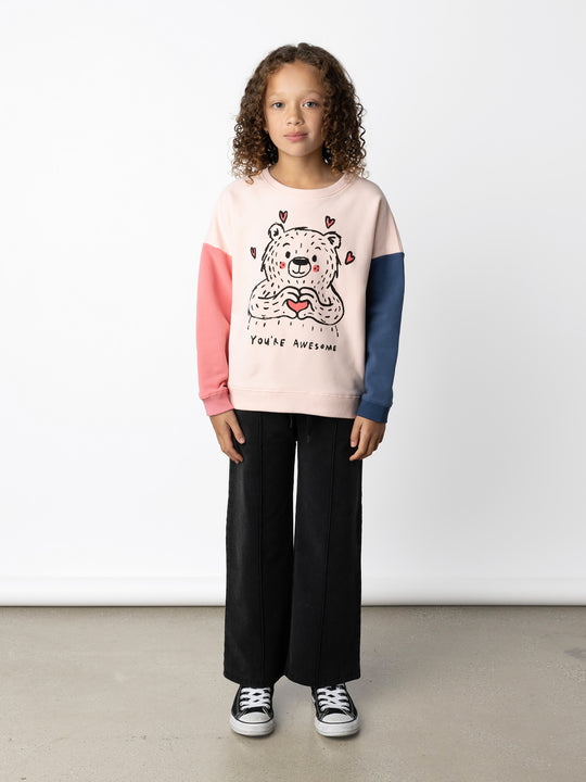 Minti kids clothing. Super cosy oversized fit crew with drop shoulder detail. 2x2 Rib at the neck, hem and cuffs. 330 Gram // Brushed Inside // 95% Cotton // 5% Elastane.