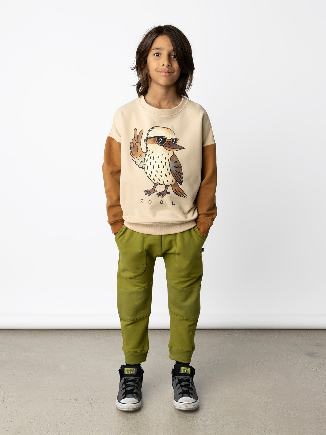 Minti kids clothing. Super cosy oversized fit crew with drop shoulder detail. 2x2 Rib at the neck, hem and cuffs. 330 Gram // Brushed Inside // 95% Cotton // 5% Elastane.