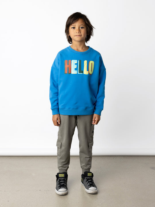 Minti kids clothing. Super cosy oversized fit crew with drop shoulder detail. 2x2 Rib at the neck, hem and cuffs. 330 Gram // Brushed Inside // 95% Cotton // 5% Elastane.