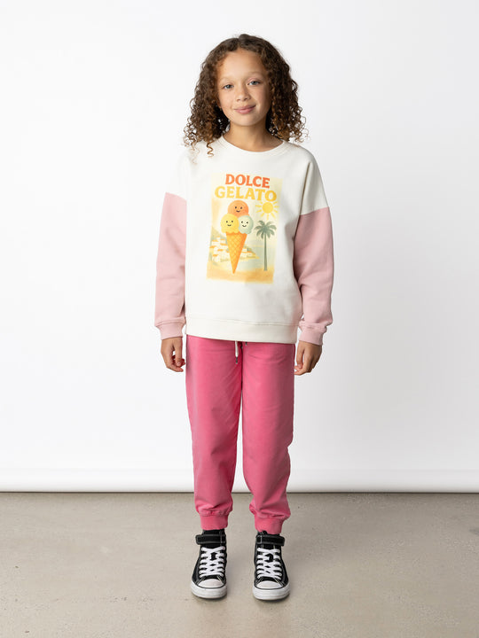 Minti kids clothing. Super cosy oversized fit crew with drop shoulder detail. 2x2 Rib at the neck, hem and cuffs. 330 Gram // Brushed Inside // 95% Cotton // 5% Elastane.