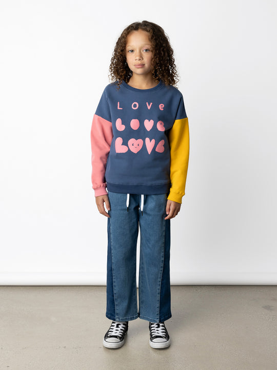 Minti kids clothing. Super cosy oversized fit crew with drop shoulder detail. 2x2 Rib at the neck, hem and cuffs. 330 Gram // Brushed Inside // 95% Cotton // 5% Elastane.