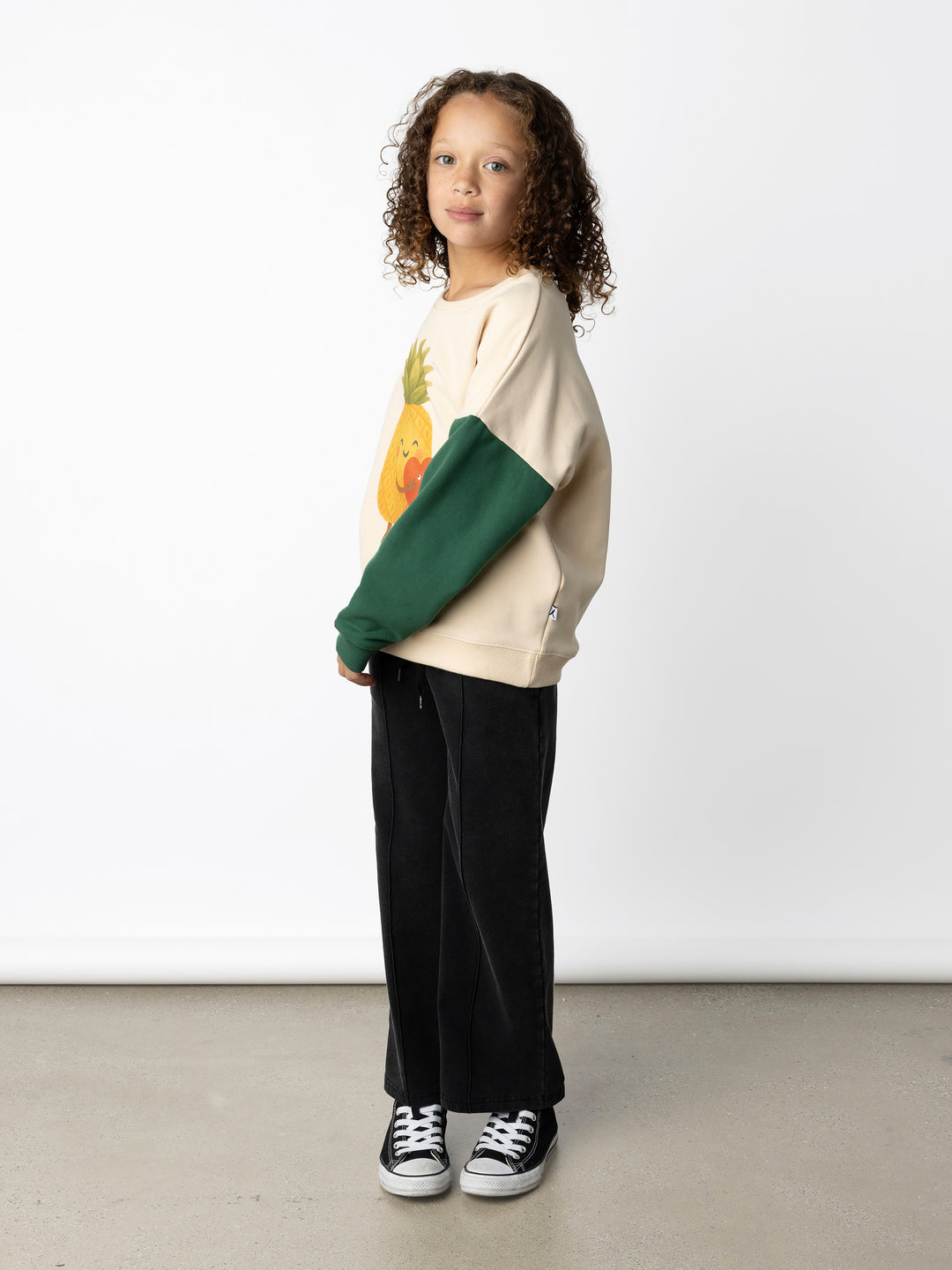 Minti kids clothing. Super cosy oversized fit crew with drop shoulder detail. 2x2 Rib at the neck, hem and cuffs. 330 Gram // Brushed Inside // 95% Cotton // 5% Elastane.