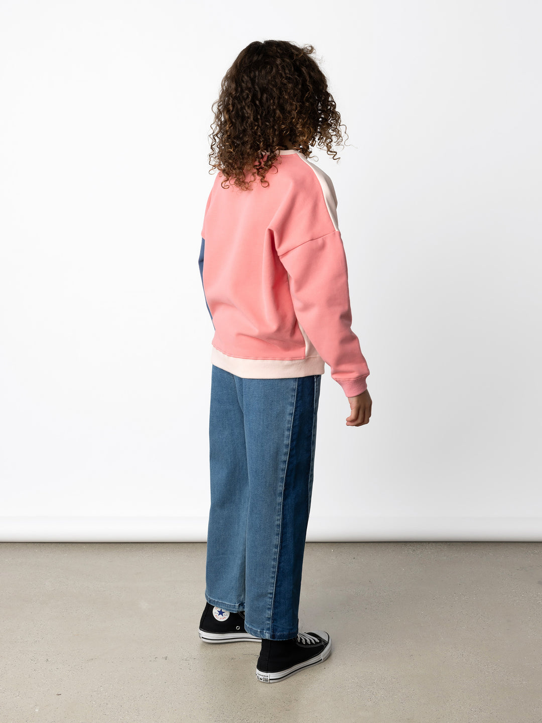 Minti kids clothing. Super cosy oversized fit crew with drop shoulder detail. 2x2 Rib at the neck, hem and cuffs. 330 Gram // Brushed Inside // 95% Cotton // 5% Elastane.