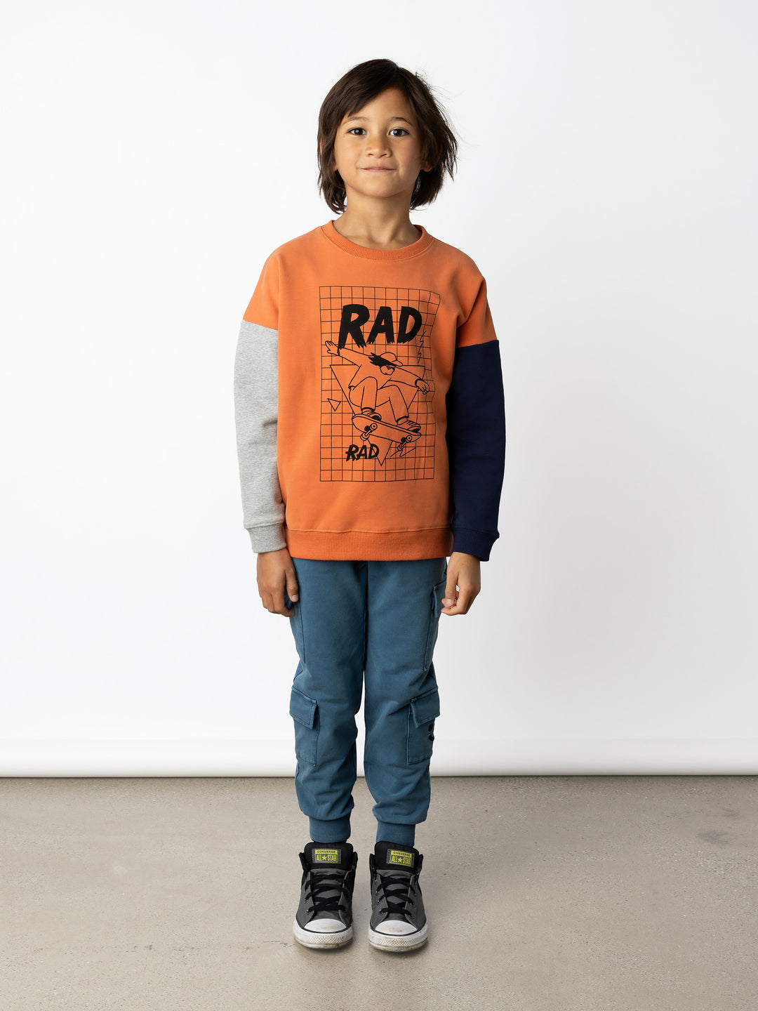 Minti kids clothing. Super cosy oversized fit crew with drop shoulder detail. 2x2 Rib at the neck, hem and cuffs. 330 Gram // Brushed Inside // 95% Cotton // 5% Elastane.
