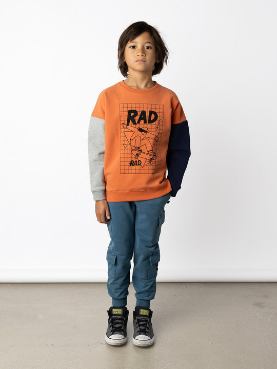 Minti kids clothing. Super cosy oversized fit crew with drop shoulder detail. 2x2 Rib at the neck, hem and cuffs. 330 Gram // Brushed Inside // 95% Cotton // 5% Elastane.