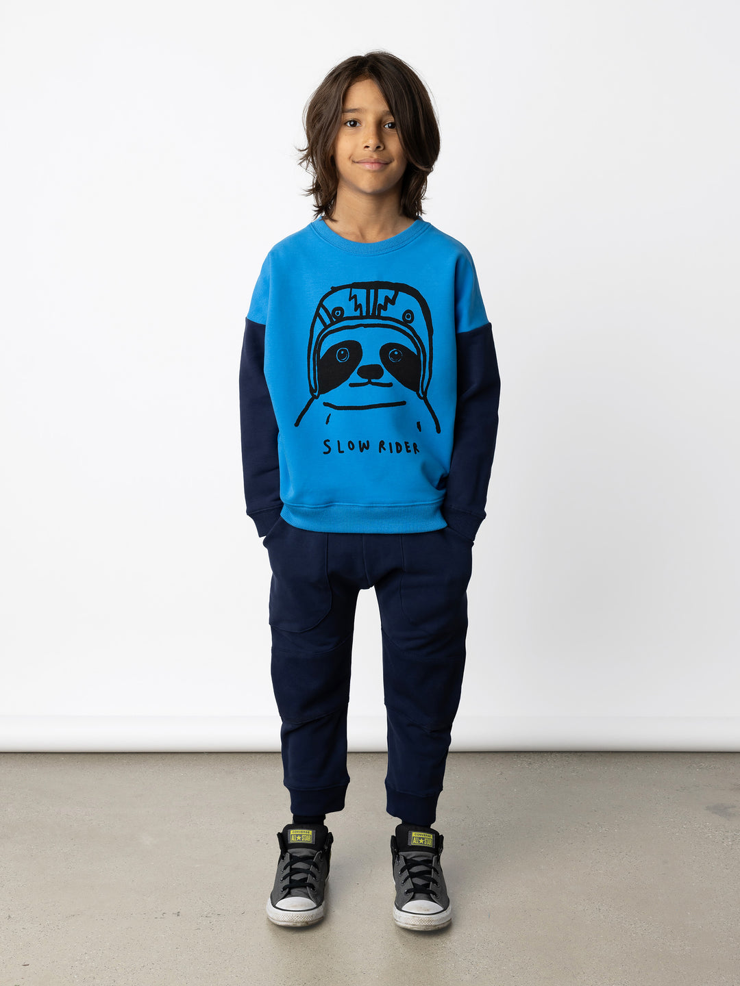 Minti kids clothing. Super cosy oversized fit crew with drop shoulder detail. 2x2 Rib at the neck, hem and cuffs. 330 Gram // Brushed Inside // 95% Cotton // 5% Elastane.