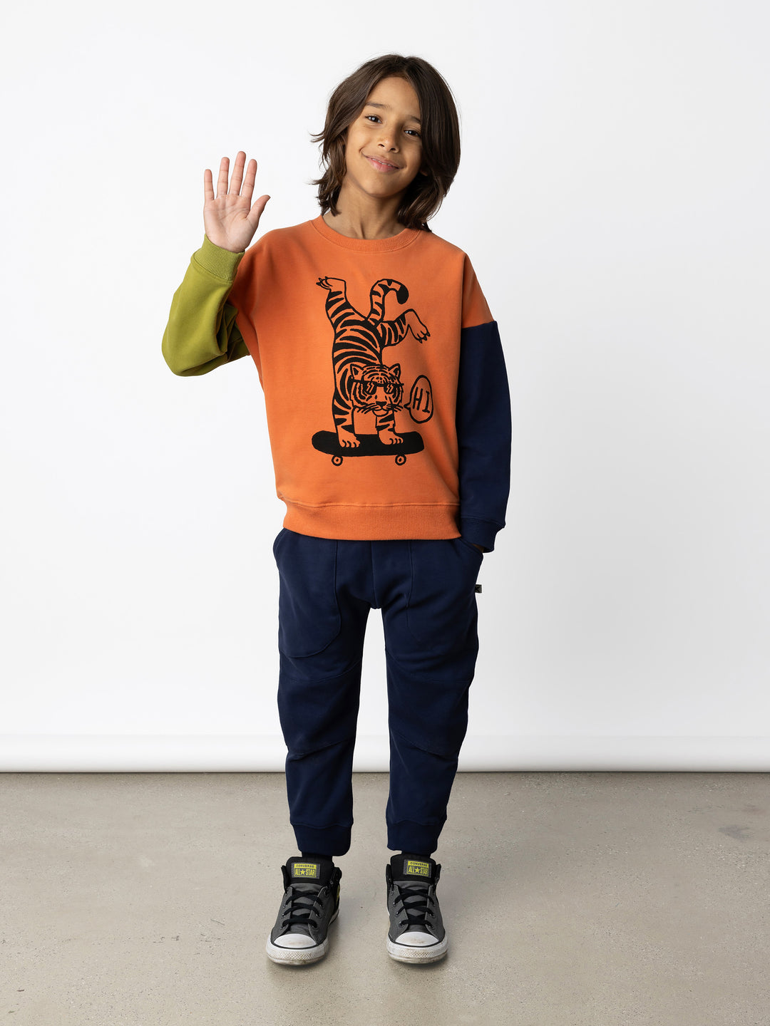 Minti kids clothing. Super cosy oversized fit crew with drop shoulder detail. 2x2 Rib at the neck, hem and cuffs. 330 Gram // Brushed Inside // 95% Cotton // 5% Elastane.