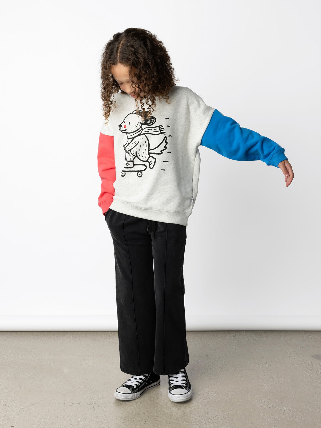Minti kids clothing. Super cosy oversized fit crew with drop shoulder detail. 2x2 Rib at the neck, hem and cuffs. 330 Gram // Brushed Inside // 95% Cotton // 5% Elastane.