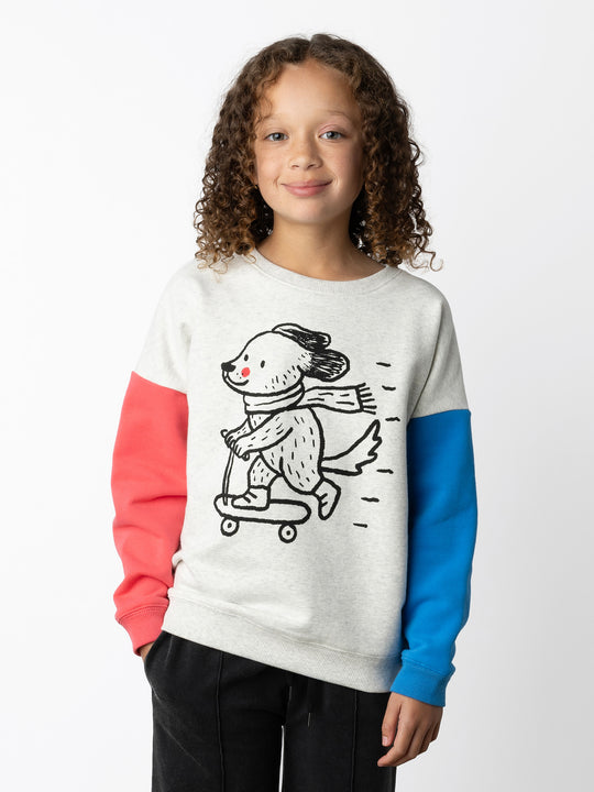 Minti kids clothing. Super cosy oversized fit crew with drop shoulder detail. 2x2 Rib at the neck, hem and cuffs. 330 Gram // Brushed Inside // 95% Cotton // 5% Elastane.
