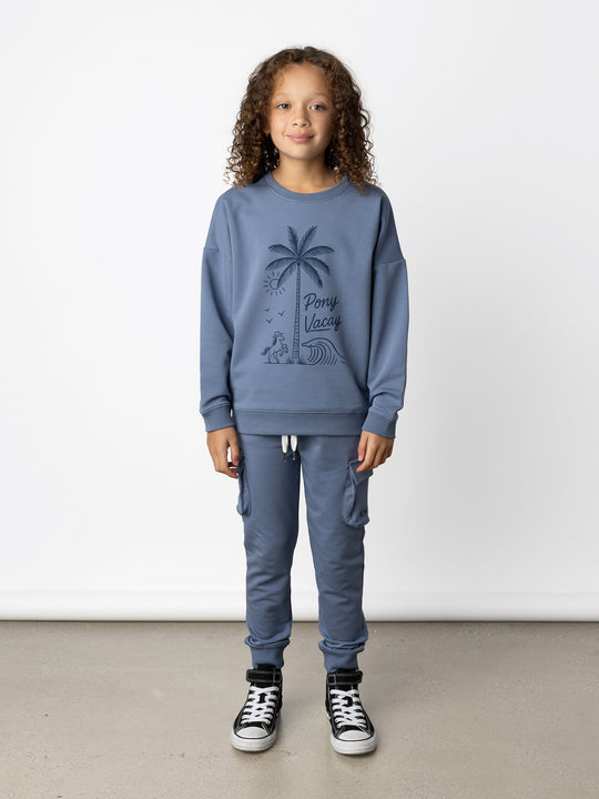 Minti kids clothing. Super cosy oversized fit crew with drop shoulder detail. 2x2 Rib at the neck, hem and cuffs. 320 Gram // 95% Cotton // 5% Elastane.