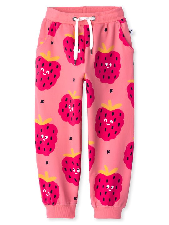 Minti kids clothing. Relaxed fit trackies with cosy side pockets, elasticated waistband, shoelace cord and 2x2 Rib cuffs. 320 Gram // 95% Cotton // 5% Elastane.