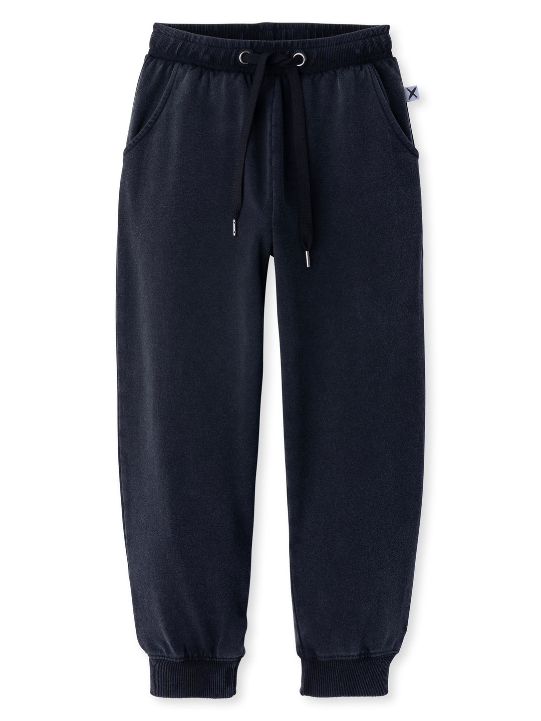 Minti kids clothing. Relaxed universal fit trackies with cosy side pockets, elasticated waistband, shoelace cord and 2x2 Rib cuffs. Small Minti embroidery on the back. 260 Gram // 95% Cotton // 5% Elastane.