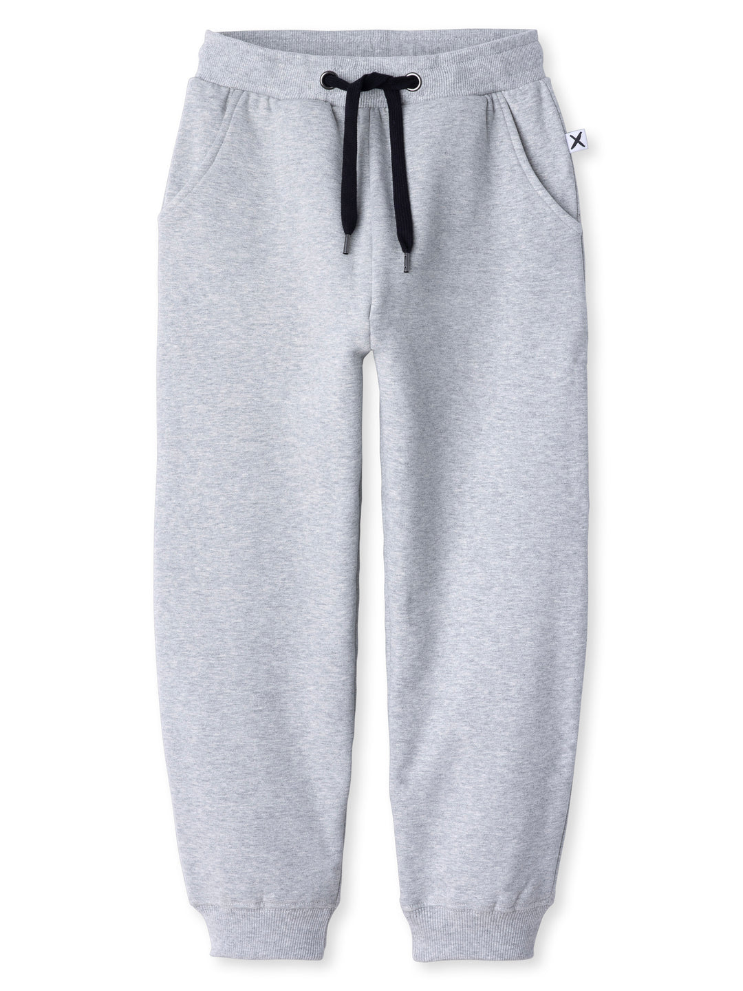 Minti kids clothing. Relaxed universal fit trackies with cosy side pockets, elasticated waistband, shoelace cord and 2x2 Rib cuffs. Small Minti embroidery on the back. 330 Gram // Brushed Inside // 95% Cotton // 5% Elastane.
