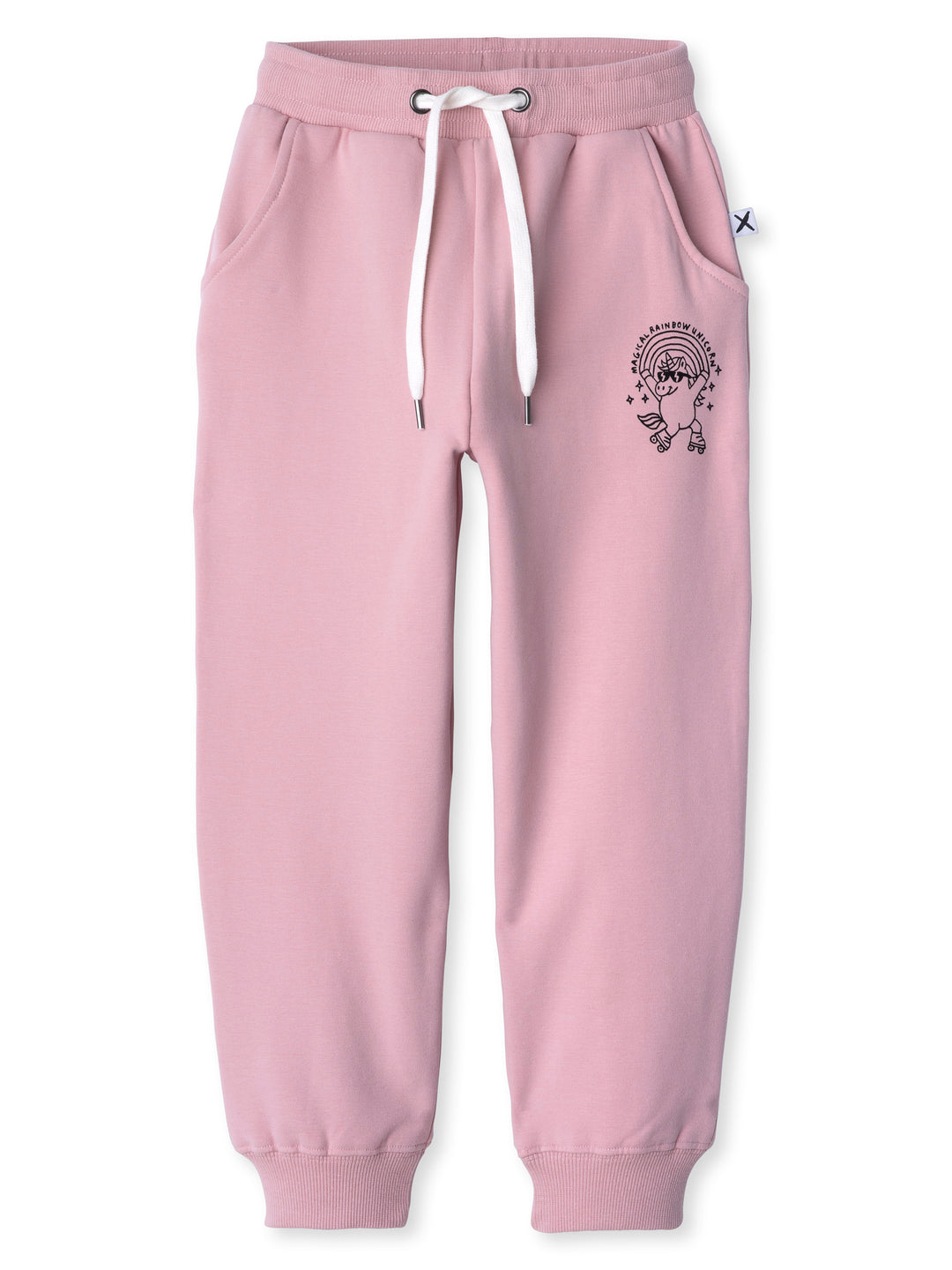 Minti kids clothing. Relaxed fit trackies with cosy side pockets, elasticated waistband, shoelace cord and 2x2 Rib cuffs. Small Magical Rainbow Unicorn print on the front. 330 Gram // Brushed Inside // 95% Cotton // 5% Elastane.