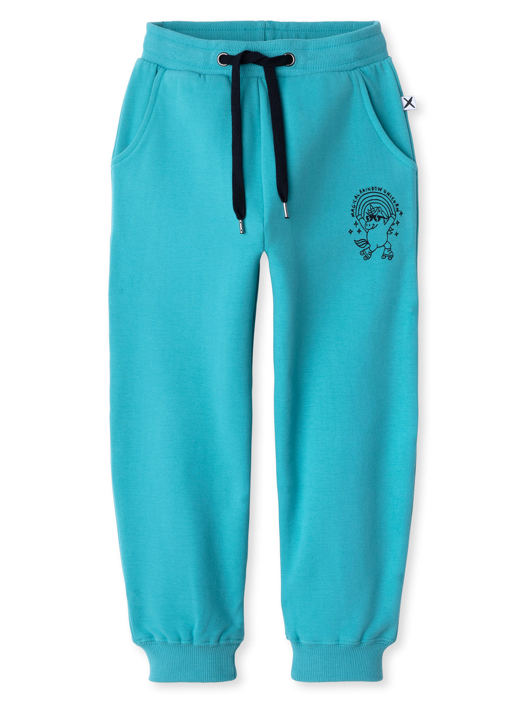 Minti kids clothing. Relaxed fit trackies with cosy side pockets, elasticated waistband, shoelace cord and 2x2 Rib cuffs. Small Magical Rainbow Unicorn print on the front. 330 Gram // Brushed Inside // 95% Cotton // 5% Elastane.