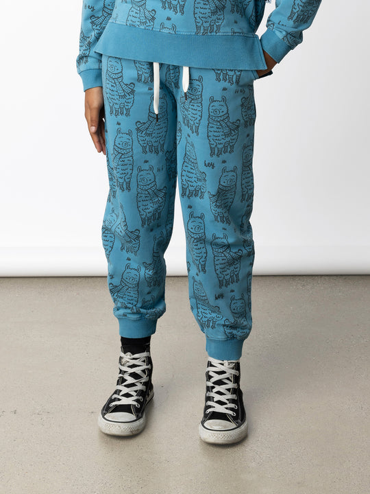 Minti kids clothing. Relaxed universal fit trackies with cosy side pockets, elasticated waistband, shoelace cord and 2x2 Rib cuffs. Small Minti embroidery on the back. 260 Gram // 95% Cotton // 5% Elastane.