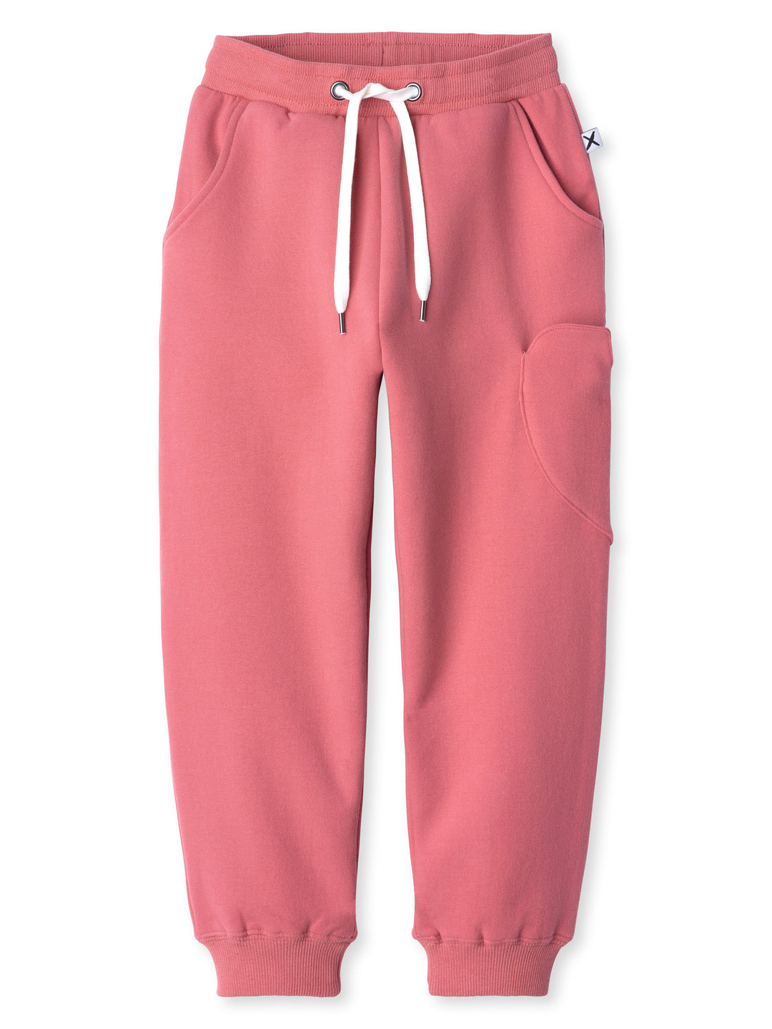 Minti kids clothing. Relaxed fit trackies with a super cool heart shaped side pocket. Front pockets, elasticated waistband, shoelace cord and 2x2 Rib cuffs. 330 Gram // Brushed Inside // 95% Cotton // 5% Elastane.