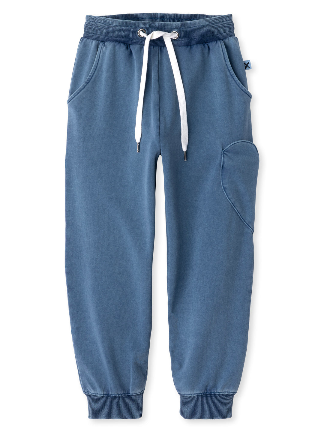 Minti kids clothing. Relaxed fit trackies with a super cool heart shaped side pocket. Front pockets, elasticated waistband, shoelace cord and 2x2 Rib cuffs. 260 Gram // 95% Cotton // 5% Elastane.