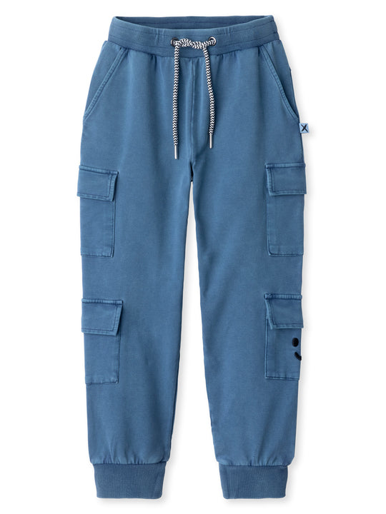Minti kids clothing. Awesome trackies with slightly wider legs, elastic waistband, front pockets, shoestring cords and 4 super cool cargo pockets for treasures or cold hands. 260 Gram // 95% Cotton // 5% Elastane.