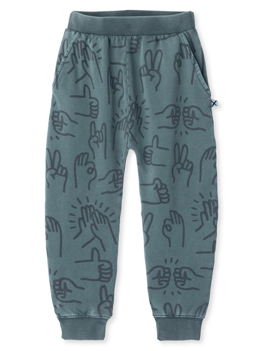 Minti kids clothing. Super cool baggy trackies with elastic waistband, front pockets, back pocket and 2x2 rib cuffs. 260 Gram // 95% Cotton // 5% Elastane.