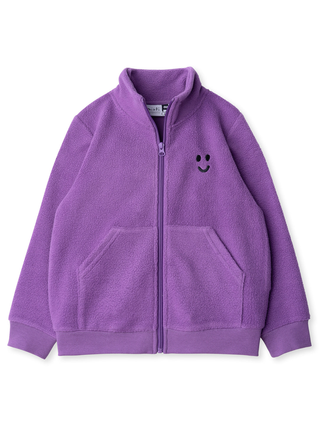 Minti kids clothing. Super cosy and soft zip up high neck crew, made in Teddy fabric with 2x2 Rib cuffs and hem. Front kangaroo pocket to keep hands warm. 70% Polyester // 30% Cotton.