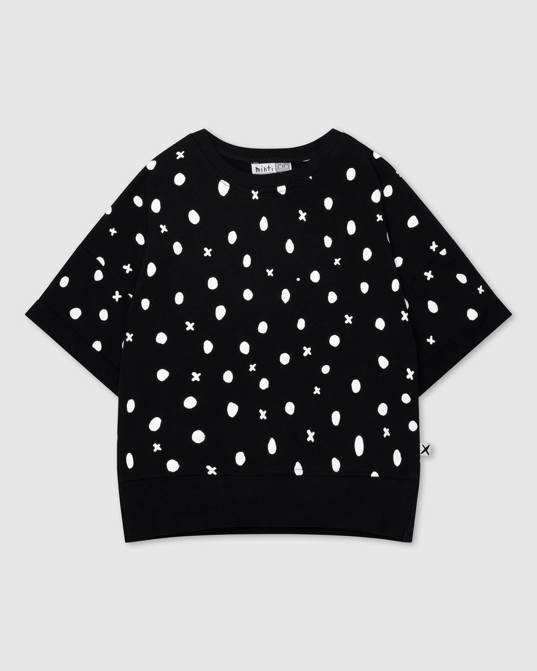 Spotty Short Sleeve Crew in black, girls sweatshirt by Minti, flat lay