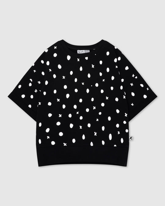 Spotty Short Sleeve Crew in black, girls sweatshirt by Minti, flat lay