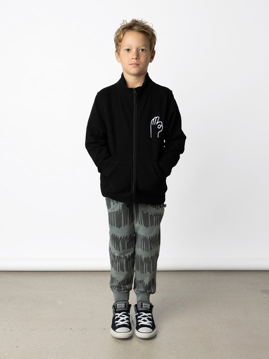 Minti kids clothing. Super cosy and soft zip up high neck crew with 2x2 Rib cuffs and hem. Front kangaroo pocket to keep hands warm. 330 Gram // Brushed Inside // 95% Cotton // 5% Elastane.