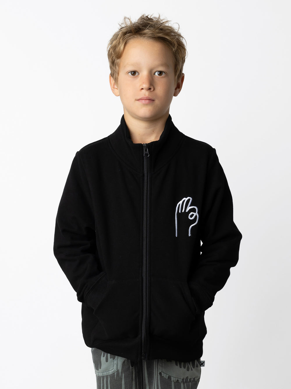 Minti kids clothing. Super cosy and soft zip up high neck crew with 2x2 Rib cuffs and hem. Front kangaroo pocket to keep hands warm. 330 Gram // Brushed Inside // 95% Cotton // 5% Elastane.