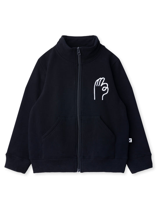 Minti kids clothing. Super cosy and soft zip up high neck crew with 2x2 Rib cuffs and hem. Front kangaroo pocket to keep hands warm. 330 Gram // Brushed Inside // 95% Cotton // 5% Elastane.