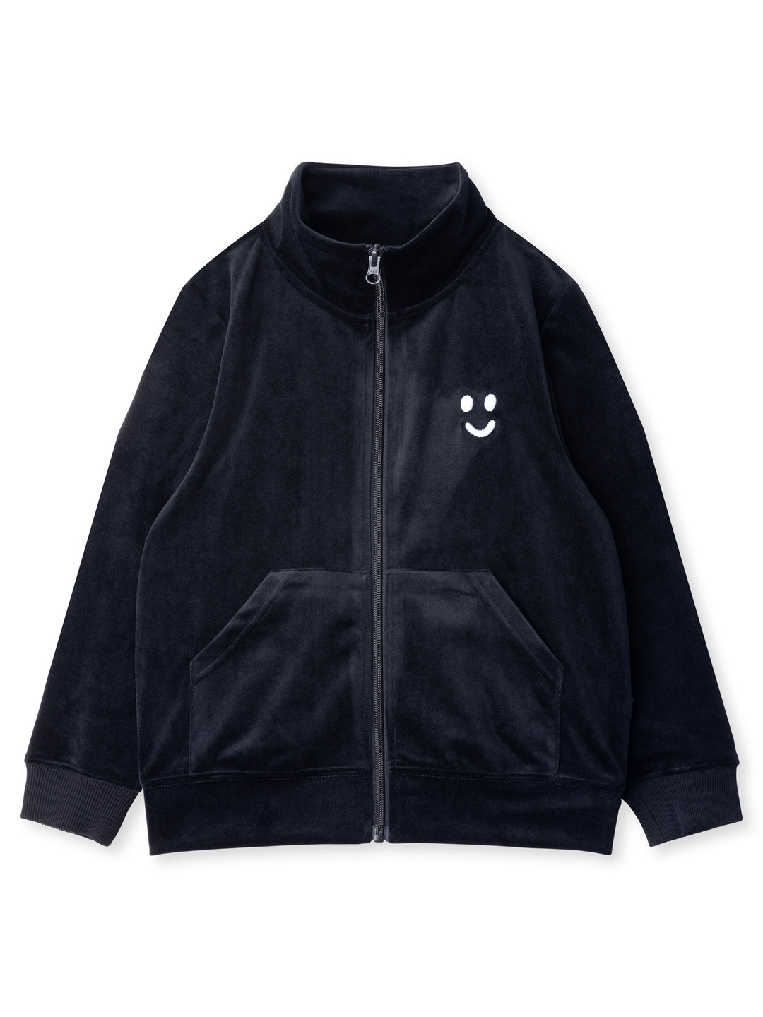 Minti kids clothing. Super cosy and soft zip up high neck crew, made in super soft velvet. Front kangaroo pocket to keep hands warm. Small Happy Face embroidery on the front. 92% Polyester // 8% Spandex.