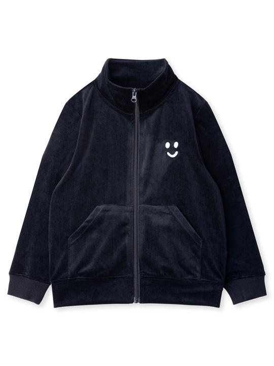 Minti kids clothing. Super cosy and soft zip up high neck crew, made in super soft velvet. Front kangaroo pocket to keep hands warm. Small Happy Face embroidery on the front. 92% Polyester // 8% Spandex.