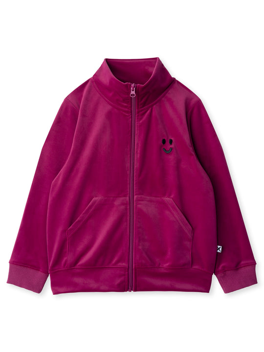 Minti kids clothing. Super cosy and soft zip up high neck crew, made in super soft velvet. Front kangaroo pocket to keep hands warm. Small Happy Face embroidery on the front. 92% Polyester // 8% Spandex.