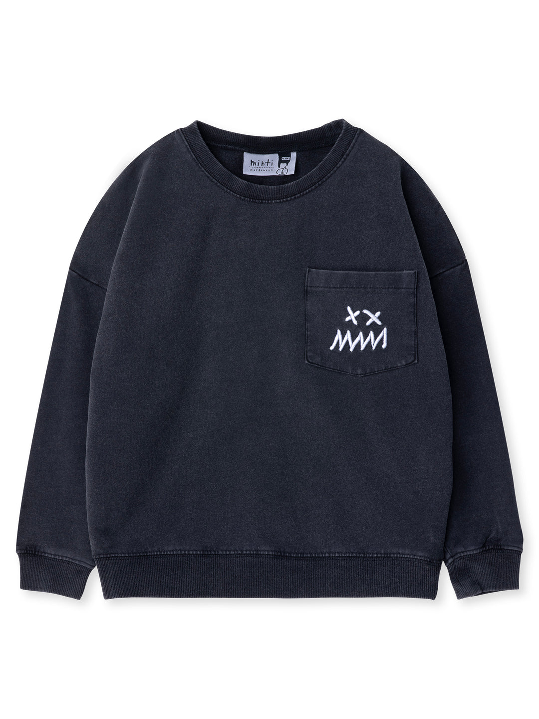 Minti kids clothing. Super cosy oversized fit crew with drop shoulder detail and cool front pocket. 2x2 Rib at the neck, hem and cuffs. 260 Gram // 95% Cotton // 5% Elastane.