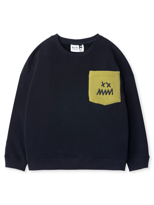 Minti kids clothing. Super cosy oversized fit crew with drop shoulder detail and cool front pocket. 2x2 Rib at the neck, hem and cuffs. 330 Gram // Brushed Inside // 95% Cotton // 5% Elastane.