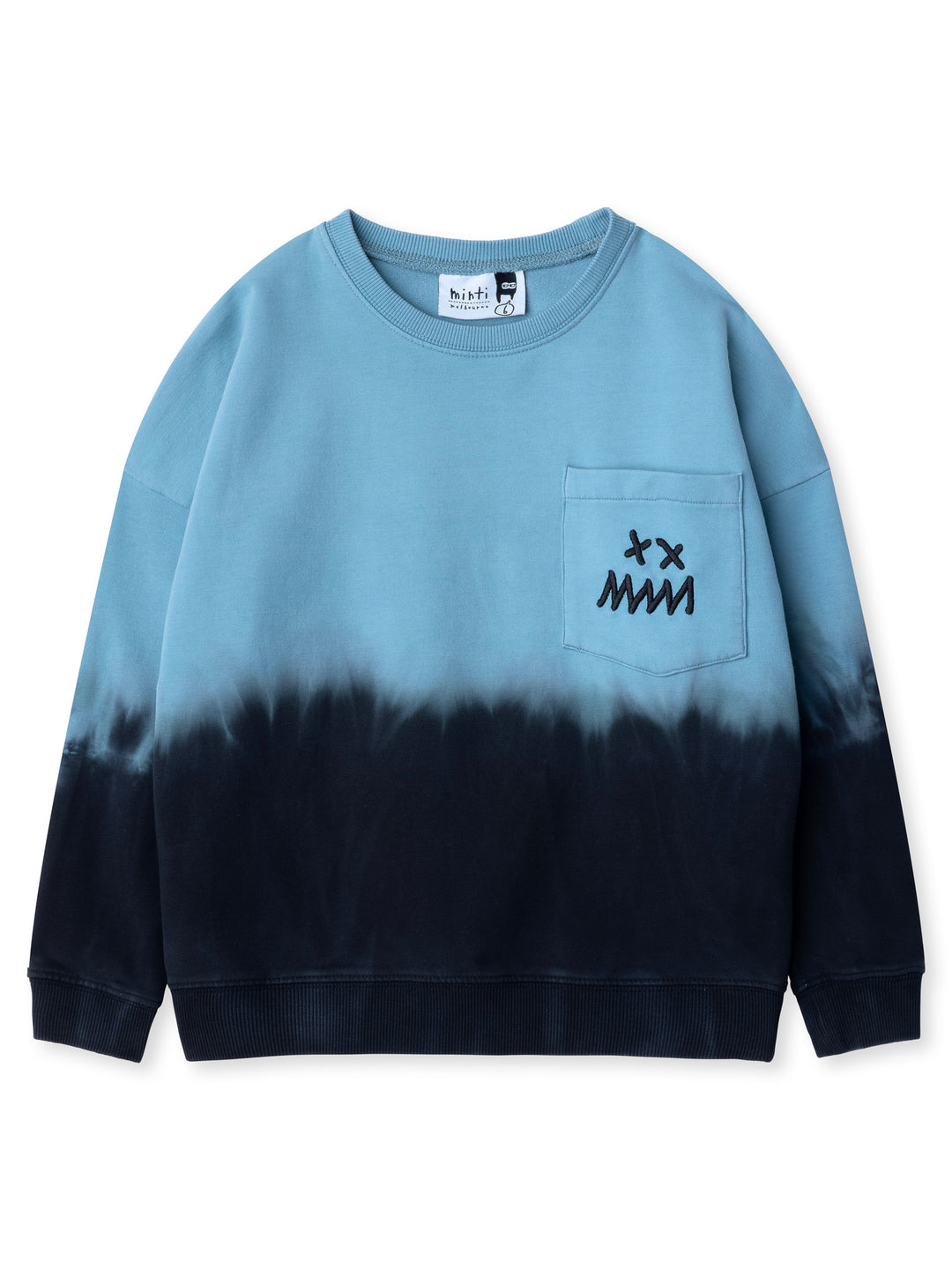 Minti kids clothing. Super cosy oversized fit crew with drop shoulder detail and cool front pocket. 2x2 Rib at the neck, hem and cuffs. 320 Gram // 95% Cotton // 5% Elastane.