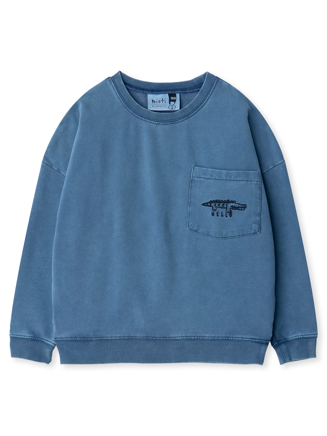 Minti kids clothing. Super cosy oversized fit crew with drop shoulder detail and cool front pocket. 2x2 Rib at the neck, hem and cuffs. Small Hello Croc embroidery on the pocket. 260 Gram // 95% Cotton // 5% Elastane.