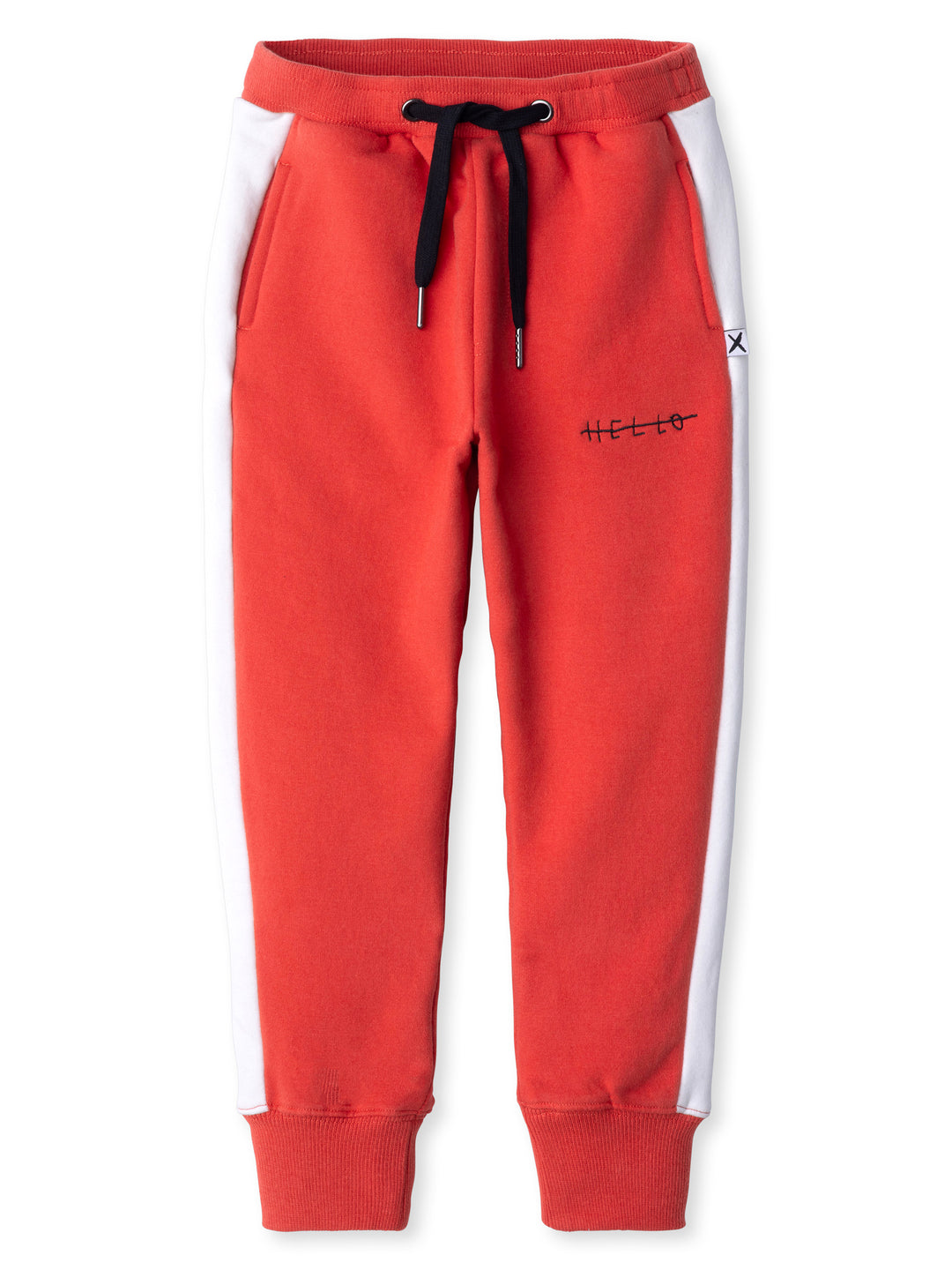 Minti kids clothing. Slim leg trackies with super cool contrast side panel! Front pockets, one back pocket, 2x2 rib elasticated waistband with shoelace tie. 2x2 rib cuffs. Small tonal Minti embroidery on the front. 330 Gram // Brushed Inside // 95% Cotton // 5% Elastane.