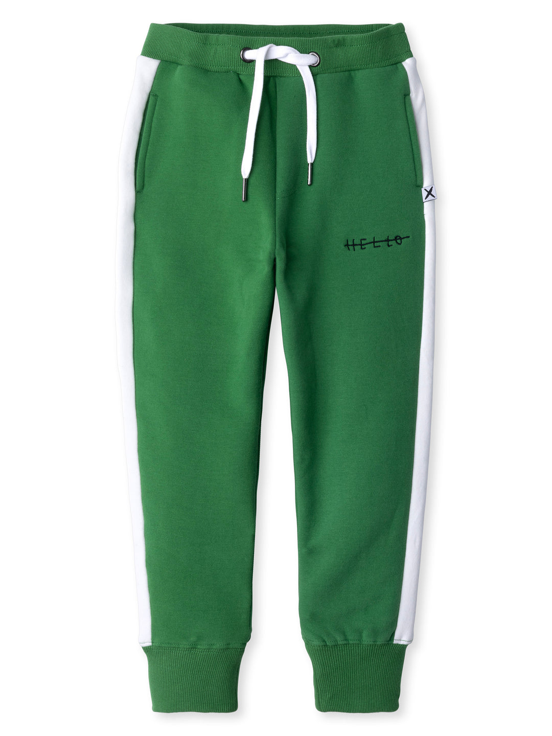 Minti kids clothing. Slim leg trackies with super cool contrast side panel! Front pockets, one back pocket, 2x2 rib elasticated waistband with shoelace tie. 2x2 rib cuffs. Small tonal Minti embroidery on the front. 330 Gram // Brushed Inside // 95% Cotton // 5% Elastane.
