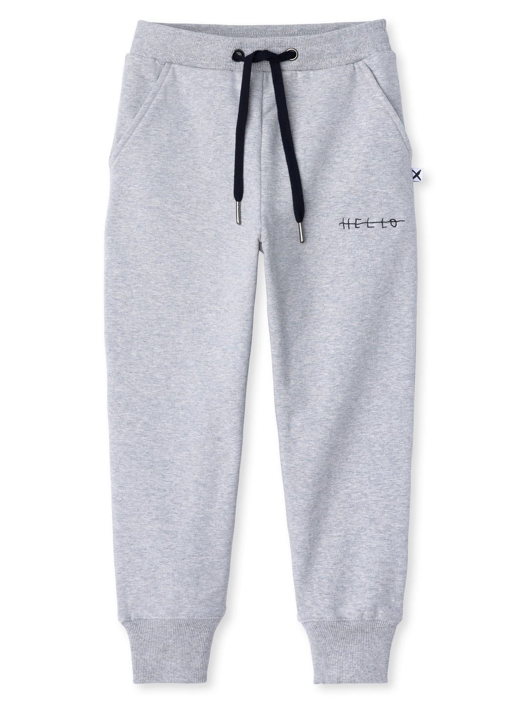 Minti kids clothing. Straight leg trackies with rounded front pockets, elastic waistband, shoelace ties, 2x2 rib cuffs and a small embroidery on the front. 330 Gram // Brushed Inside // 95% Cotton // 5% Elastane.